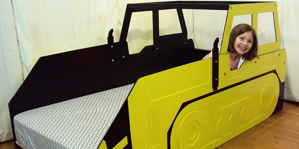 Bulldozer bed frame three-quarter view